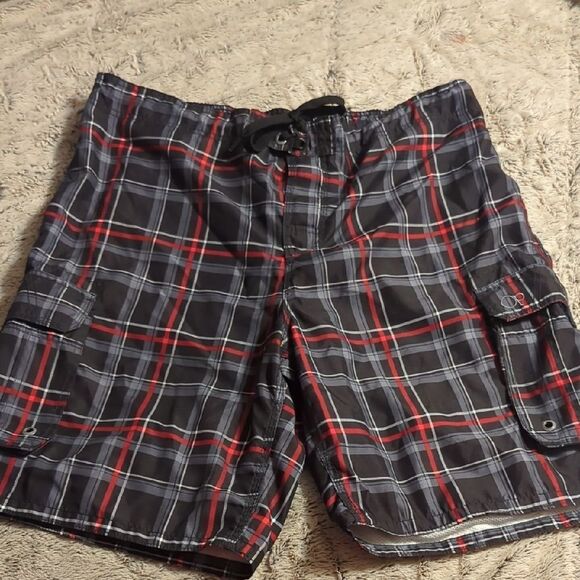 OP Ocean Pacific Swim Trunks Board Shorts Men's Black Plaid Size XL 40-42 - Picture 1 of 7